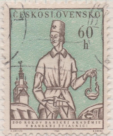 Sello E01208: hoja 79, Checoslovaquia: Sello Verde y gris, dentado. 200 Aniv de la Escuela de Minería en Banska Stiavnica, 60 Haleru