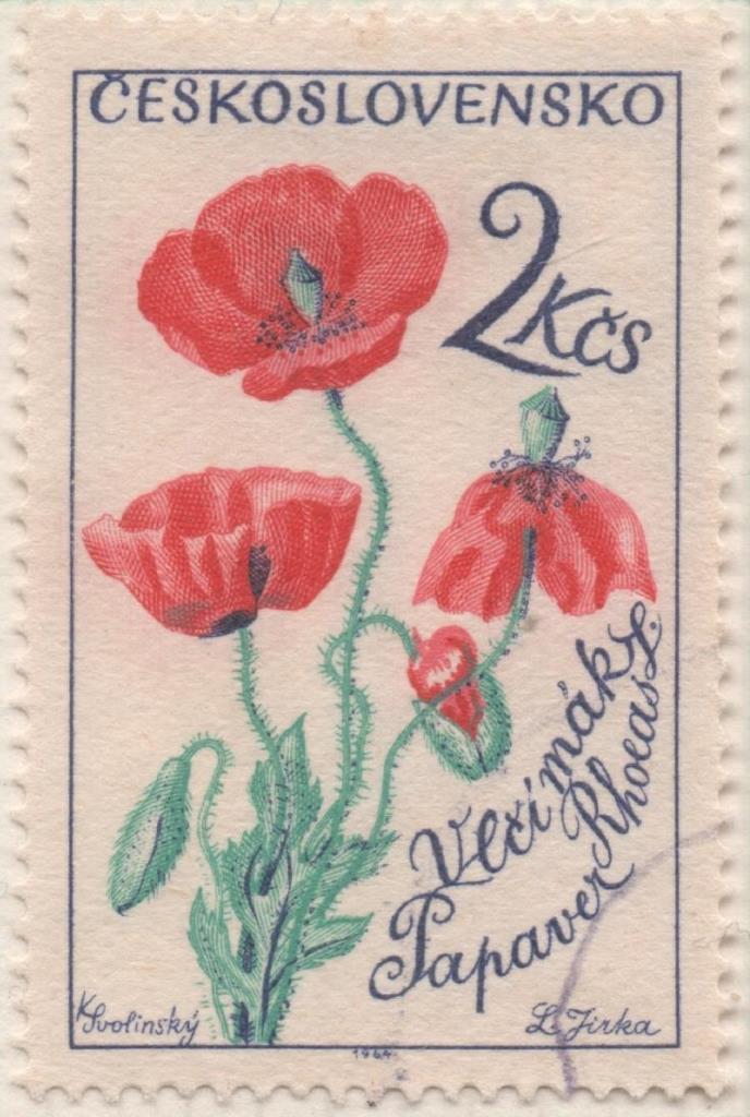 Sello E01202: hoja 78, Checoslovaquia: Sello Multicolor, dentado. Flores. Papaver rhoeas, 2 Koruny
