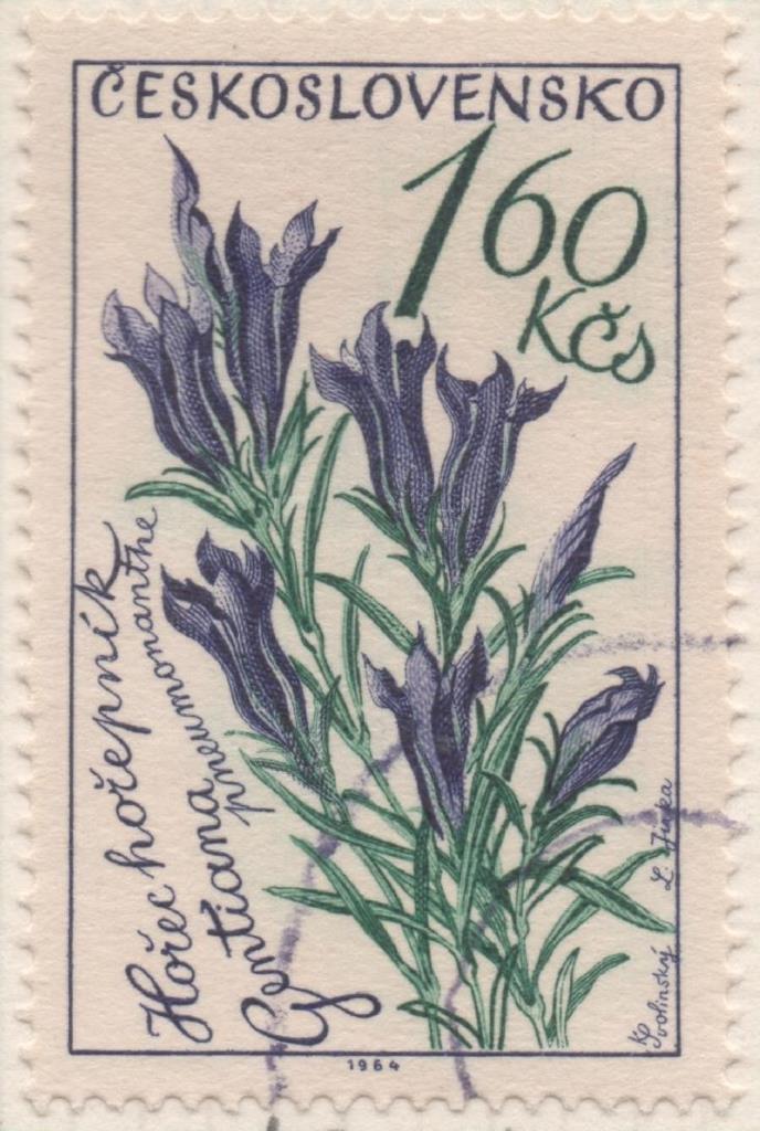 Sello E01201: hoja 78, Checoslovaquia: Sello Multicolor, dentado. Flores. Gentiana pneumonanthe, 1,60 Haleru