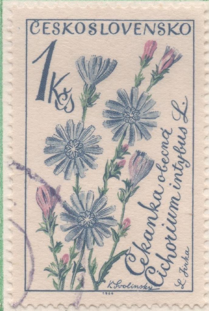 Sello E01199: hoja 78, Checoslovaquia: Sello Multicolor, dentado. Flores. Cichorium intybus, 1 Koruna