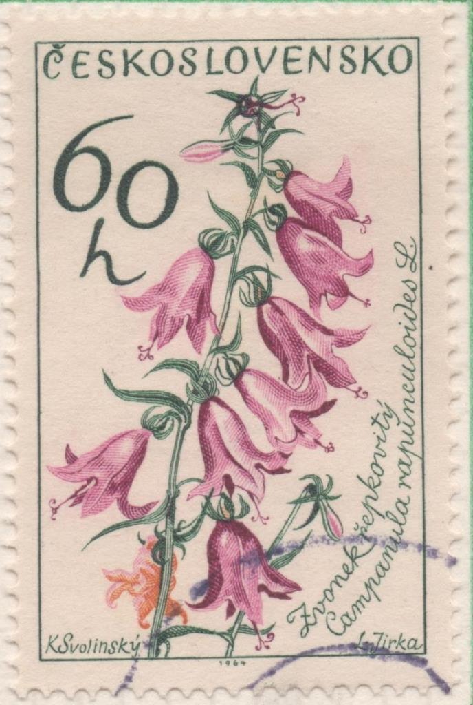 Sello E01197: hoja 78, Checoslovaquia: Sello Multicolr, dentado. Flores. Campanula rapunculoides, 60 Haleru
