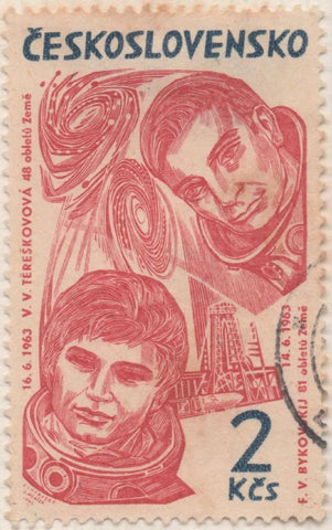Sello E01196: hoja 78, Checoslovaquia: Sello Rojo oscuro, dentado. Exploración del Espacio. Walerij Bykowski y Walentina Tereschkowa, 2 Koruny