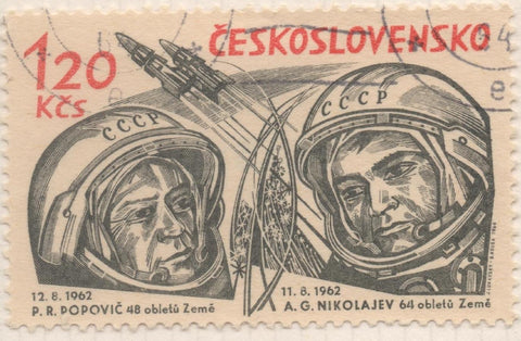 Sello E01194: hoja 78, Checoslovaquia: Sello Gris, dentado. Exploración del Espacio. Pavel Popovich y Andrian Nikolayev, 1,20 Koruna