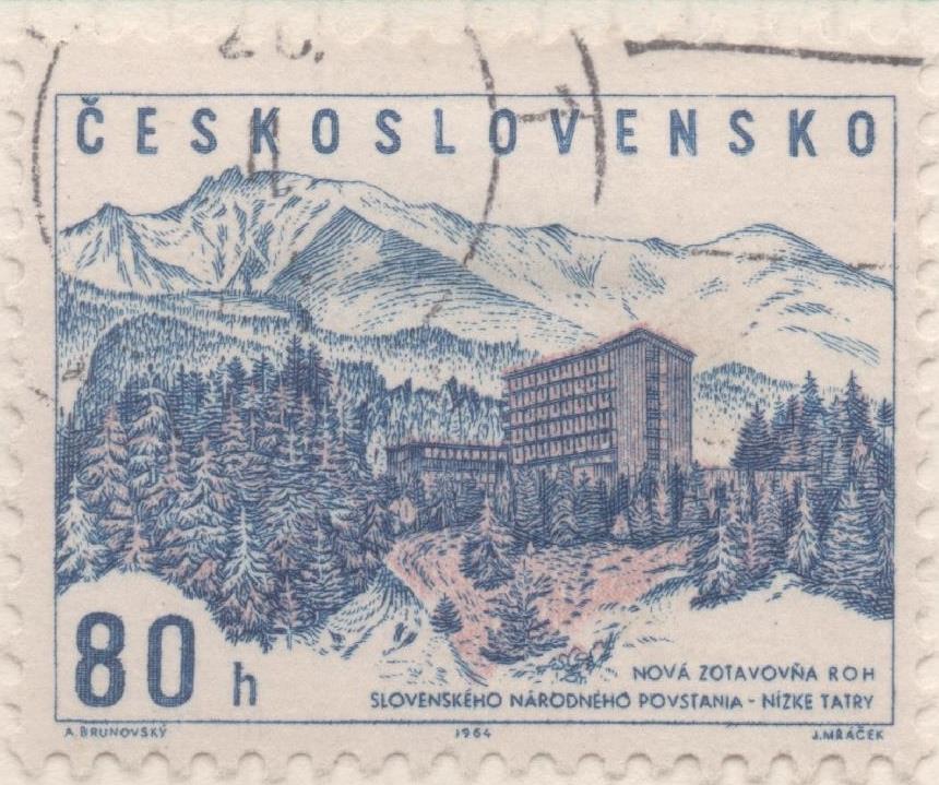 Sello E01188: hoja 78, Checoslovaquia: Sello Azul y lila, dentado. Hoteles de Recreación sindical. Hotel de la insurrección eslovaca, Bajo Tatra, 80 Haleru