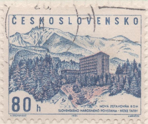 Sello E01188: hoja 78, Checoslovaquia: Sello Azul y lila, dentado. Hoteles de Recreación sindical. Hotel de la insurrección eslovaca, Bajo Tatra, 80 Haleru