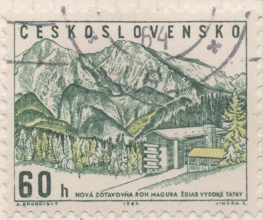 Sello E01187: hoja 78, Checoslovaquia: Sello Verde ynamarillo, dentado. Hoteles de Recreación sindical. Hotel Magura, Zdiar, Alto Tatra, 60 Haleru