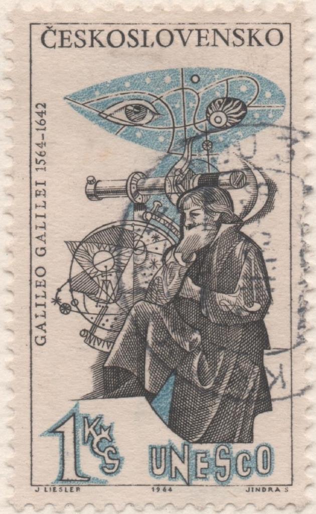 Sello E01186: hoja 78, Checoslovaquia: Selo Gris y azul, dentado. Aniversarios culturales. UNESCO. Galileo Galilei, 1 Koruna