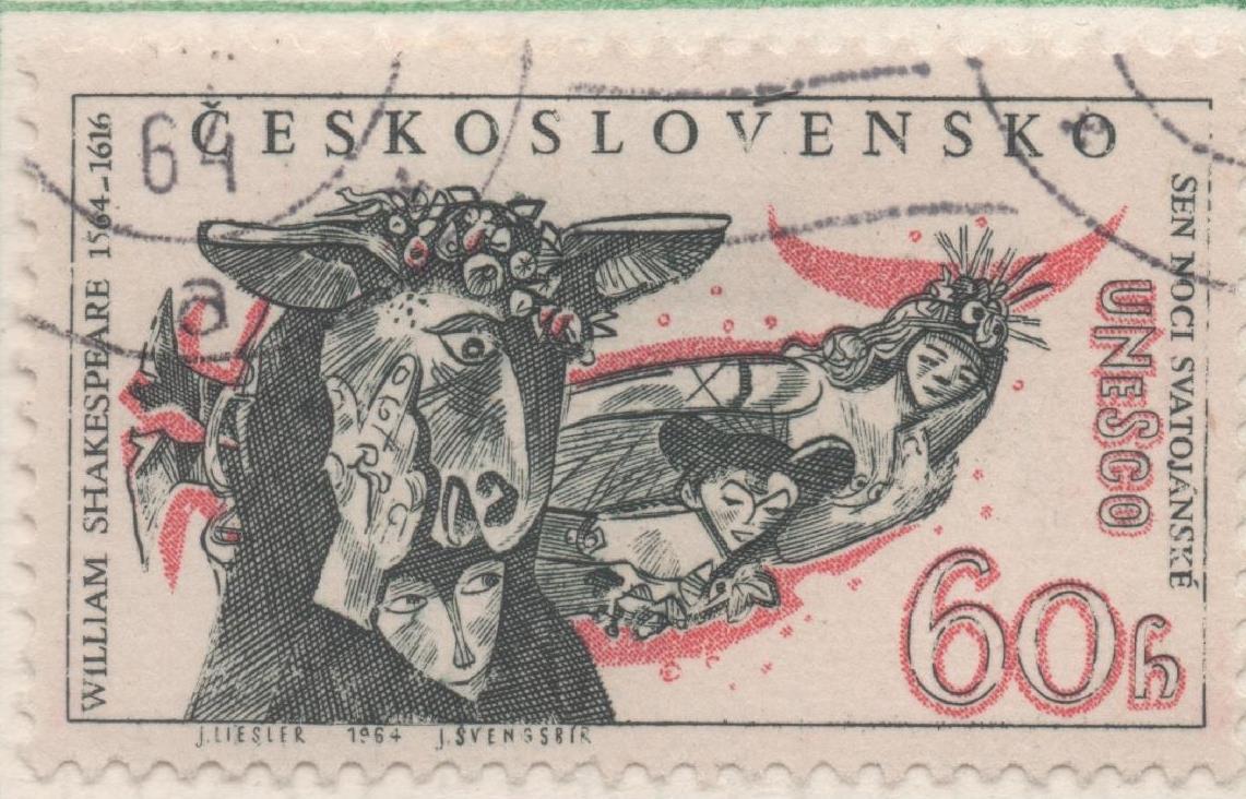 Sello E01184: hoja 78, Checoslovaquia: Sello Verde oscuro y rojo, dentado. Aniversarios culturales UNESCO. Sueño de una noche de verano de Shakespeare, 60 Haleru