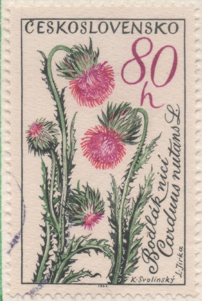 Sello E01198: hoja 78, Checoslovaquia: Sello Multicolor, dentado. Flores. Carduus nutans, 80 Haleru