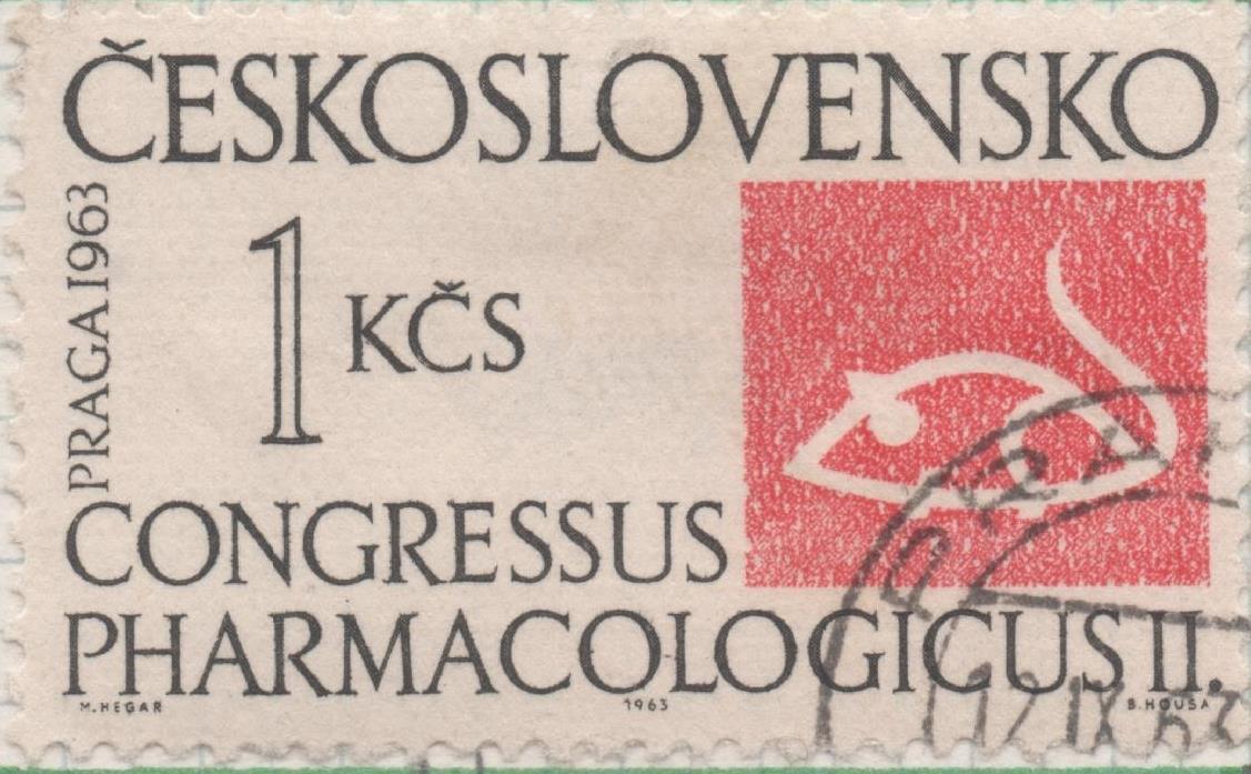 Sello E01148: hoja 75, Checoslovaquia: Sello Blanco y rojo dentado. Congreso Internacional de Farmacologia de Praga, 1 Koruna