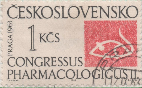 Sello E01148: hoja 75, Checoslovaquia: Sello Blanco y rojo dentado. Congreso Internacional de Farmacologia de Praga, 1 Koruna