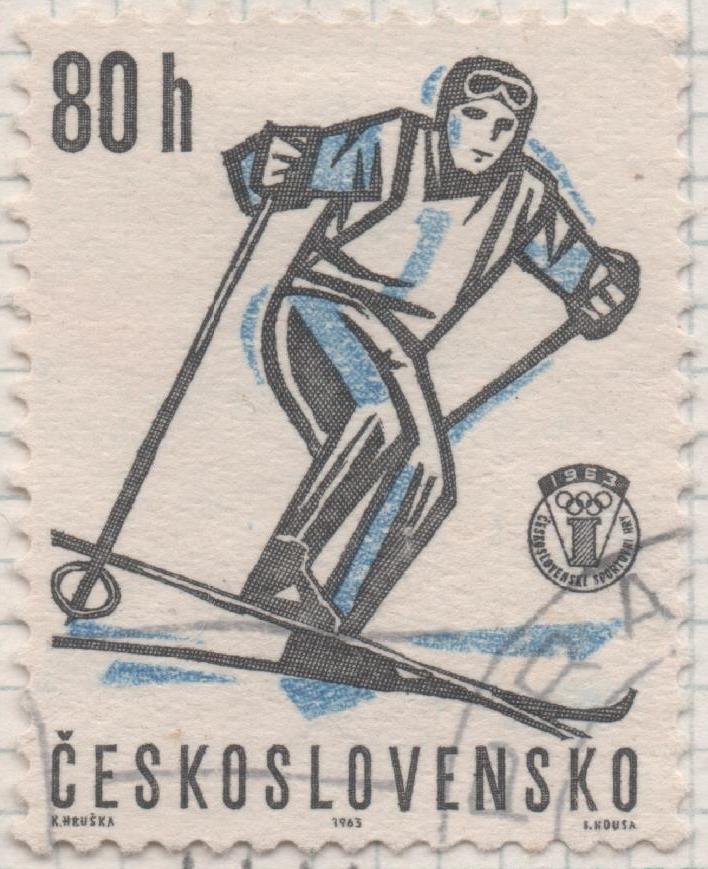 Sello E01111: hoja 73, Checoslovaquia: Sello Negro y azul dentado. Eventos deportivos del año. Esquí, 80 Haleru,