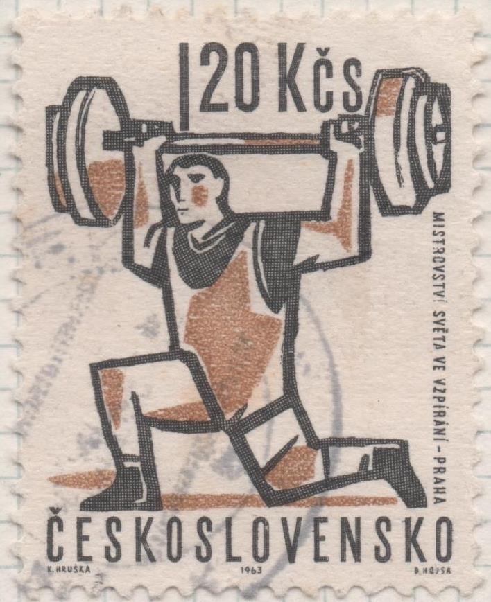 Sello E01113: hoja 73, Checoslovaquia: Sello Negro y marron dentado. Eventos deportivos del año. Levantador de pesas, 1,20 koruna