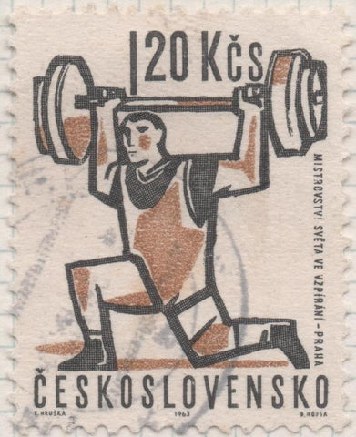 Sello E01113: hoja 73, Checoslovaquia: Sello Negro y marron dentado. Eventos deportivos del año. Levantador de pesas, 1,20 koruna