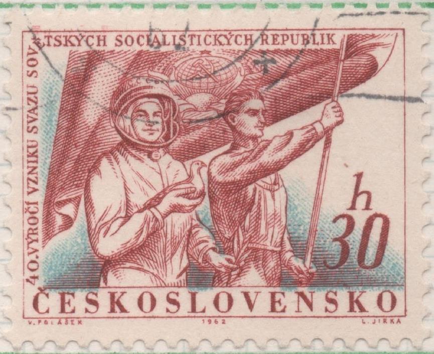 Sello E01096: hoja 72, Checoslovaquia: Sello granate y azul dentado. 40 Aniv de la Unión Sovietica, Cosmonauta y trabajador, 30 Haleru