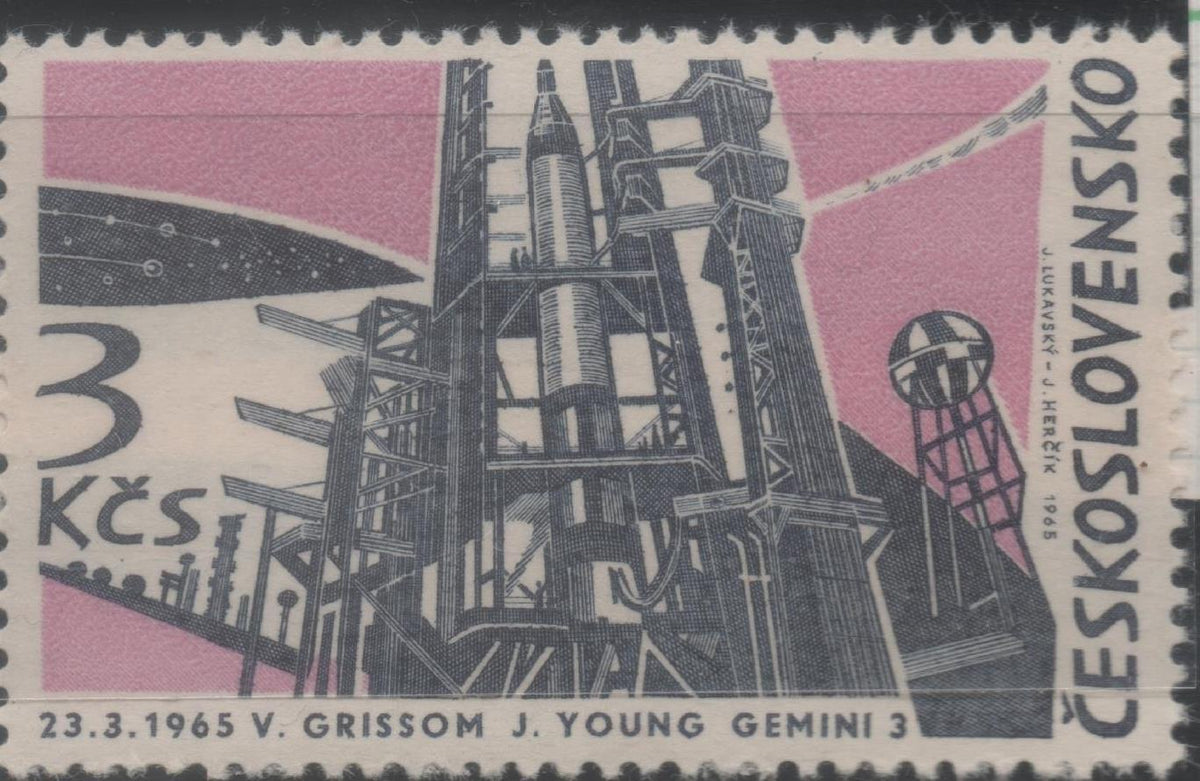 Sello E01214: hoja 79, Checoslovaquia: Sello Rosa oscuro, dentado. Logros Espaciales.Géminis, los astronautas Virgil Grissom y John Young, 60 Haleru, 3 Koruny