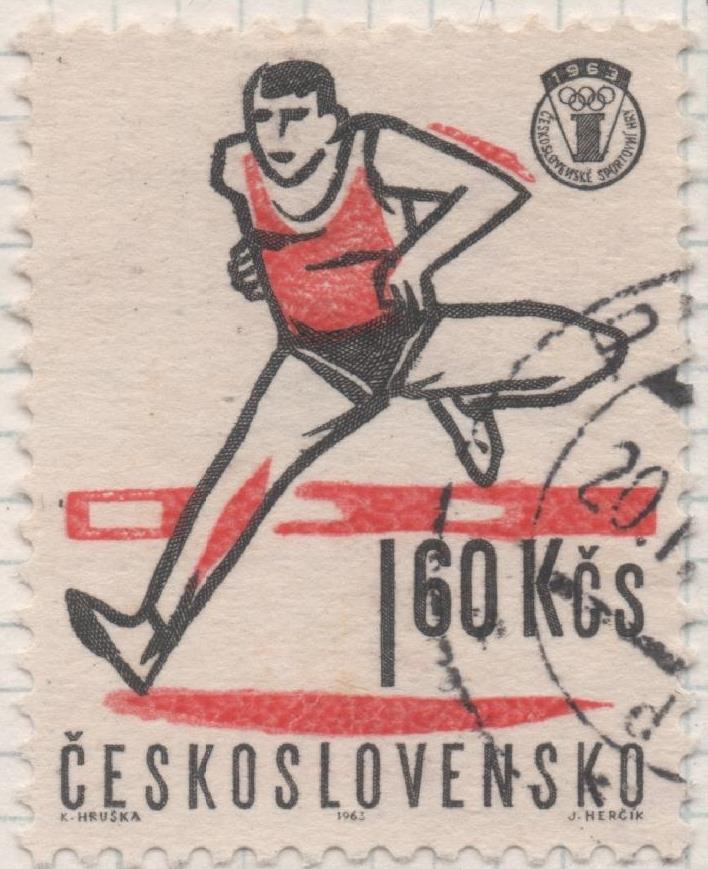 Sello E01114: hoja 73, Checoslovaquia: Sello Negro rojo dentado. Eventos deportivos del año. Saltador de vallas, 1,60 Koruna