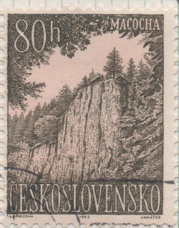 Sello E01145: hoja 75, Checoslovaquia: Sello Marron oscuro dentado. Paraiso Eslovaco y lugares de Moravia. Montañas Macocha, 80 Haleru