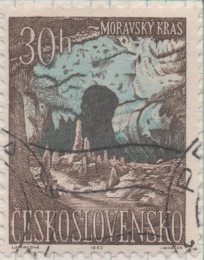 Sello E01142: hoja 75, Checoslovaquia: Sello Marron y azul detnado. Paraiso Eslovaco y lugares de Moravia. Cueva, karst de Moravia, 30 Haleru