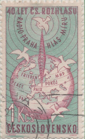 Sello E01138: hoja 75, Checoslovaquia: Sello Verde y rosa dentado. 40 Aniversario de la Radio Checa, 1 Koruna