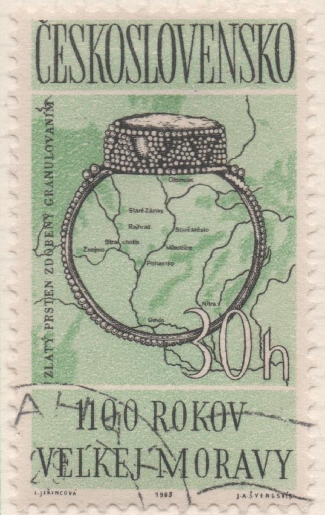 Sello E01135: hoja 74, Checoslovaquia: Sello Verde y negro dentado. 1100 Aniversario del Imperio de Moravia, 30 Haleru