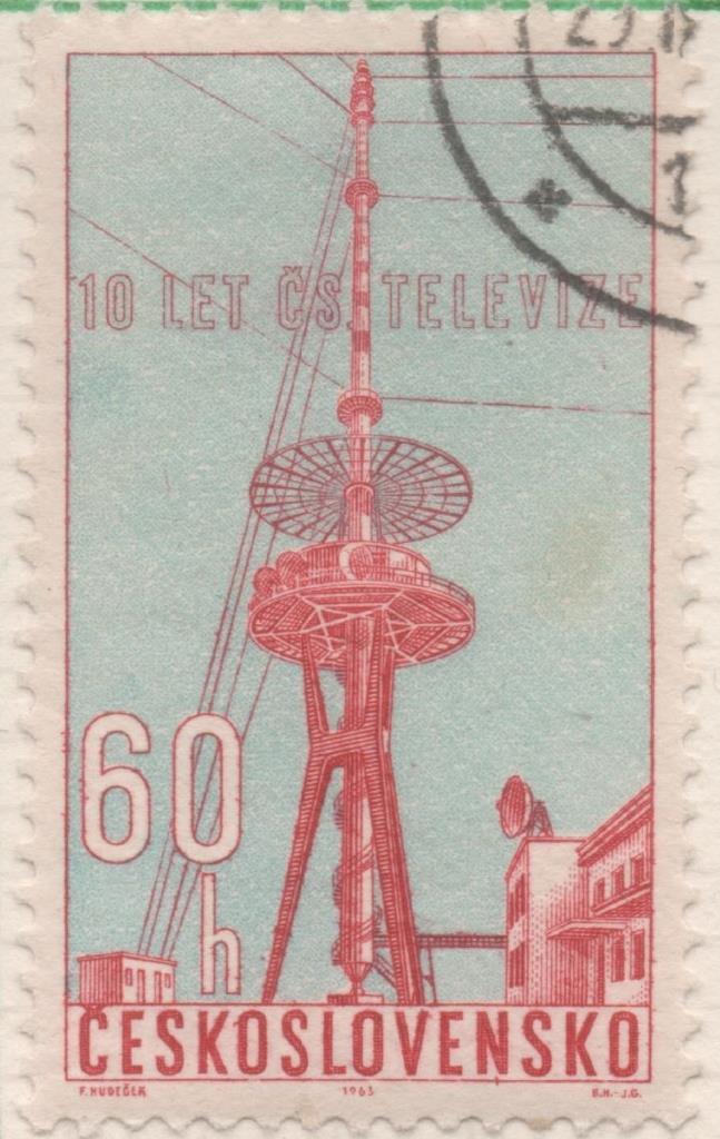 Sello E01134: hoja 74, Checoslovaquia: Sello Azul y rojo dentado. Décimo aniversario del servicio de televisión checo, 60 Haleru