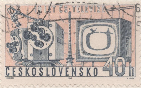 Sello E01133: hoja 74, Checoslovaquia: Sello Rosa y azul dentado. Décimo aniversario del servicio de televisión checo, 40 Haleru