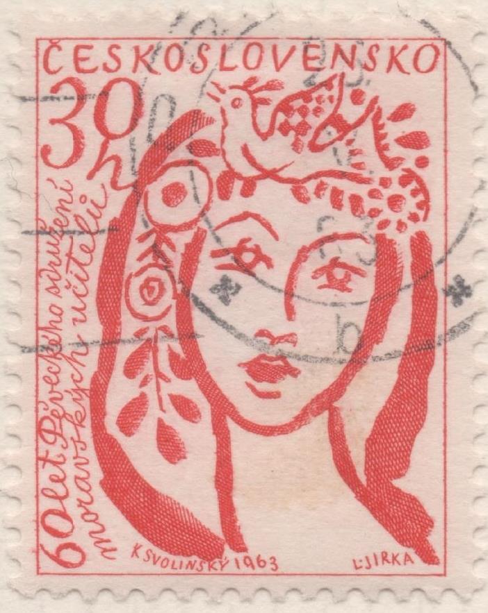 Sello E01132: hoja 74. Checoslovaquia:Sello Rojo dentado. 60 Aniversario del Club de Canto de Maestros de Moravia, 30 Haleru