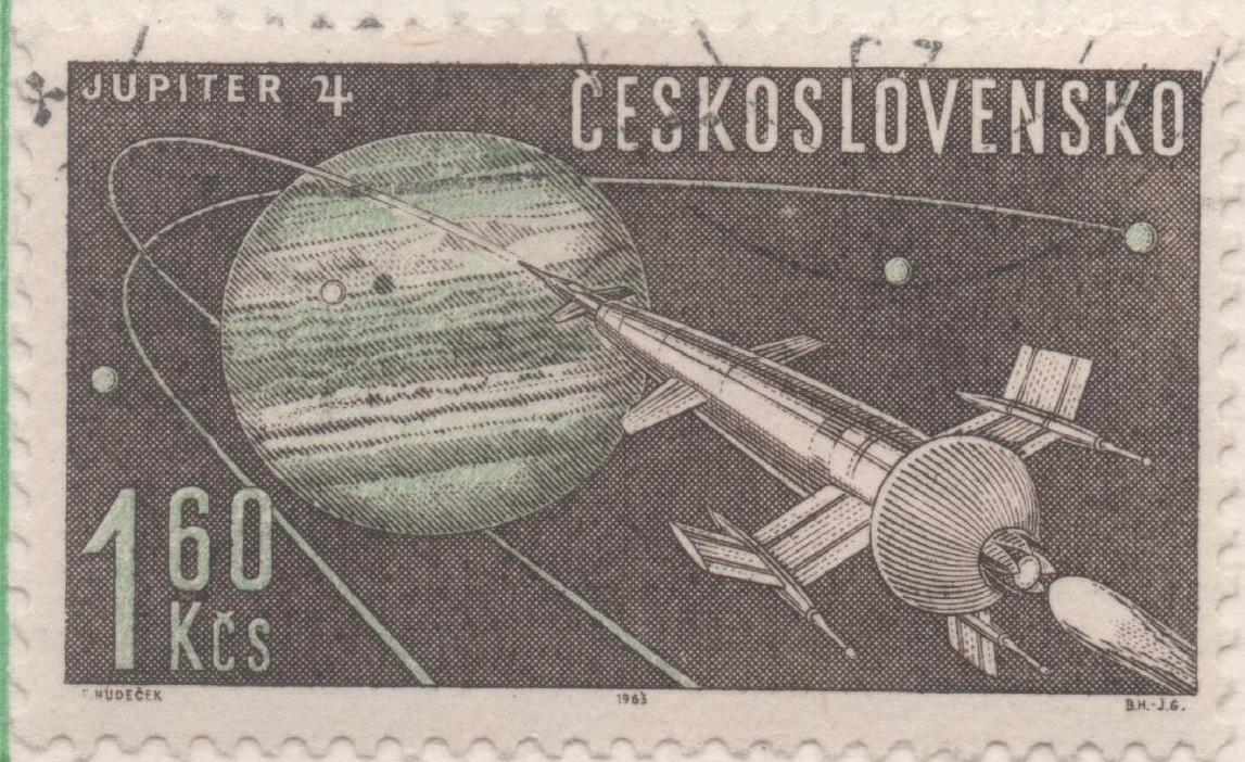 Sello E01129: hoja 74, Checoslovaquia: Sello Marron y verde dentado. Exploración del espacio, 1,60 Koruna