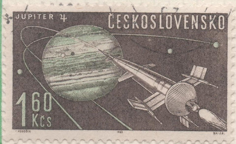 Sello E01129: hoja 74, Checoslovaquia: Sello Marron y verde dentado. Exploración del espacio, 1,60 Koruna
