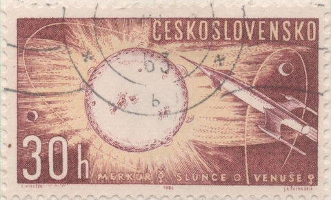 Sello E01125: hoja 74, Checolsovaquia: Sello Marron y amarillo dentado. Exploración del espacio, 30 Haleru