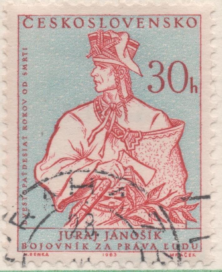 Sello E01120; hoja 74, Checoslovaquia: Sello Azul y rojo dentado. Aniversarios populares. Juraj Jánošík, 30 Haleru