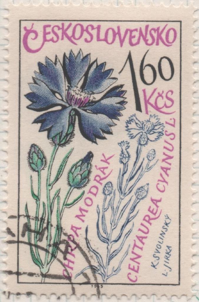 Sello E01314: hoja 84, Checoslovaquia: Sello Multicolor, dentado. Plantas medicinales. Aciano (Centaurea cyanus), 1,60 Koruna