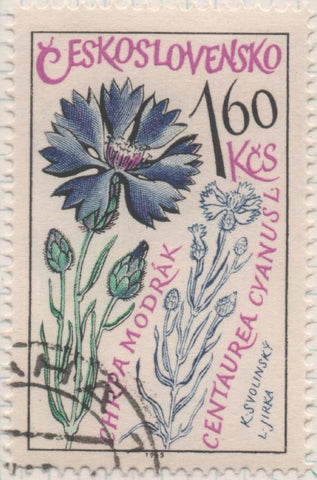Sello E01314: hoja 84, Checoslovaquia: Sello Multicolor, dentado. Plantas medicinales. Aciano (Centaurea cyanus), 1,60 Koruna