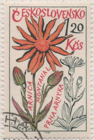 Sello E01313: hoja 84, Checoslovaquia: Sello Multicolor, dentado. Plantas nedicinales. Ámica (Árnica montana), 1,20 Koruna