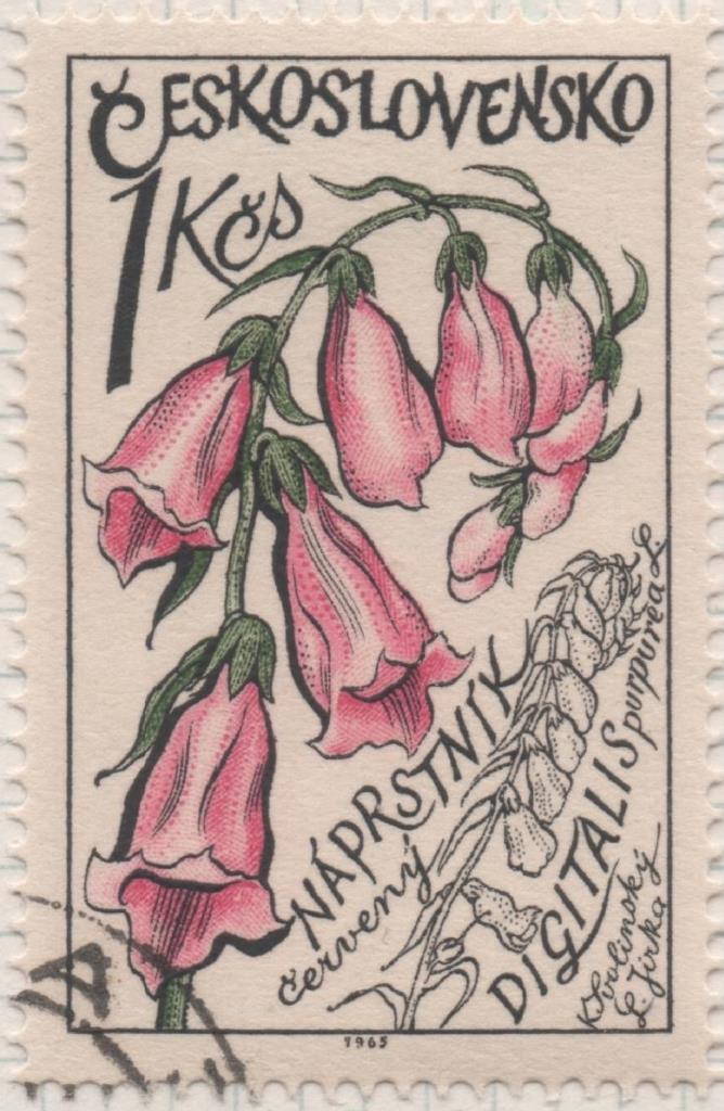 Sello E01312: hoja 84, Checoslovaquia: Sello Multicolor, dentado. Plantas medicinales. Dedalera (Digitalis purpurea), 1 Koruna 