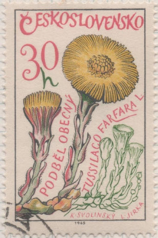 Sello E01309: hoja 84, Checoslovaquia: Sello Multicolor, dentado. Plantas medicinales. Pie de potro (Tussilago farfara), 30 Haleru