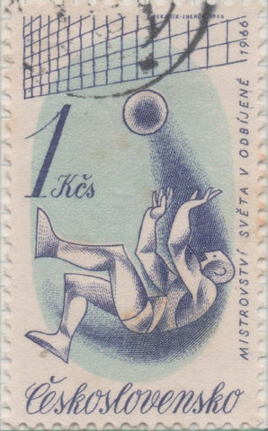 Sello E01308: hoja 84, Checoslovaquia: Sello Azul y lila, dentado. Campeonato Mundial de Voleibol, Praga, 1 Koruna