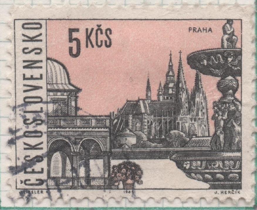 Sello E01305: hoja 84, Checoslovaquia: Sello Rosa y gris, dentado. Ciudades Checas. Praga, 5 Koruny