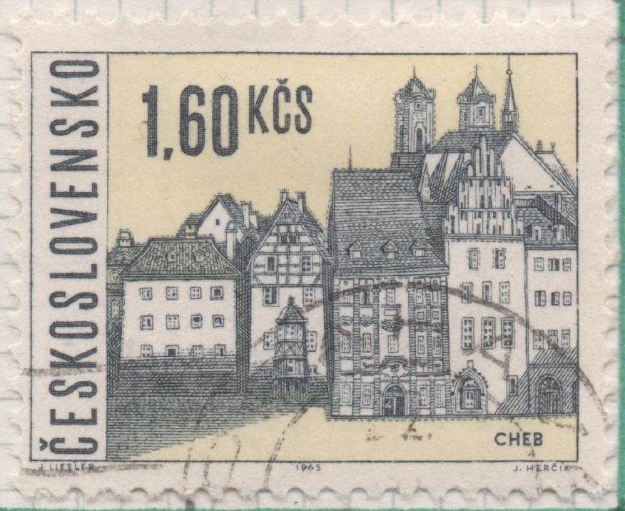 Sello E01302: hoja 84, Checoslovaquia: Sello Amarillo y azul, dentado. Ciudades Checas. Cheb, 1,60 Koruna