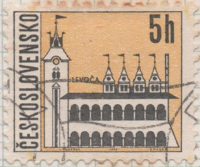 Sello E01297: hoja 84, Checoslovaquia: Sello Amarillo y negro, dentado. Ciudades Checas. Levoca, 5 Haleru