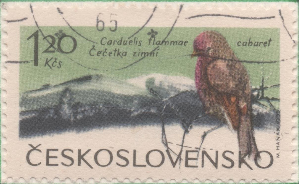 Sello E01295: hoja 83, Checoslovaquia: Sello Multicolor, dentado. Pajaros de las montañas. Carduelis flammea cabaret, 1,20 Koruna