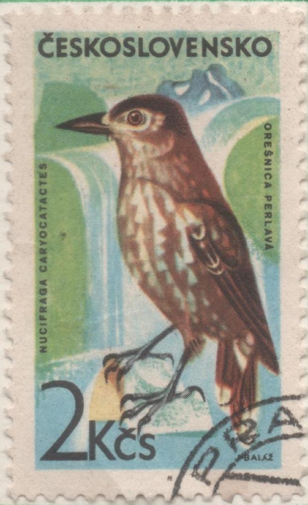 Sello E01293: hoja 83, Checoslovaquia: Sello Multicolor, dentado. Pajaros de las montañas. Nucifraga caryocatactes, 2 Koruny