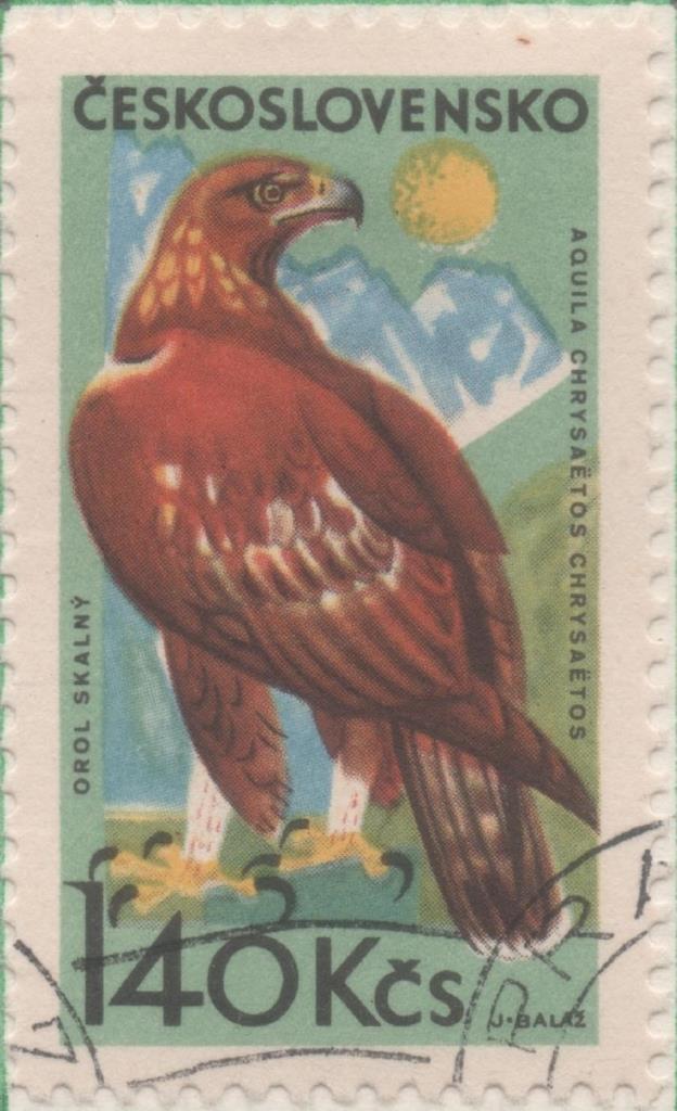 Sello E01292: hoja 83, Checoslovaquia: Sello Multicolor, dentado. Pajaros de las montañas. Aquila chrysaetos, 1,410 Koruna
