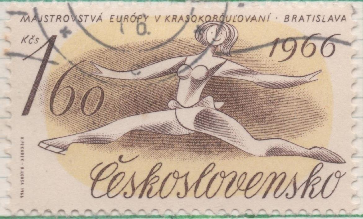 Sello E01318: hoja 84, Checoslovaquia: Sello Marron y amarillo, dentado. Campeonato Europeo de Patinaje Artístico, Bratislava, 1,60 Koruna
