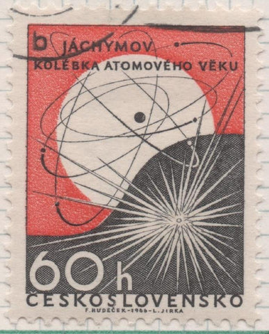 Sello E01348: hoja 86, Checoslovaquia: Sello Rojoy negro, dentado. Modelo Atómico de Uranio, 60 Haleru