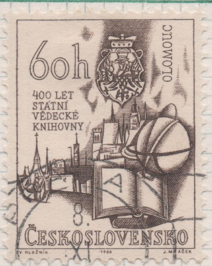 Sello E01346: hoja 86, Checoslovaquia: Sello Marron oscuro, dentado. 400 Aniversario de la Biblioteca Estatal de Ciencias, 60 Haleru