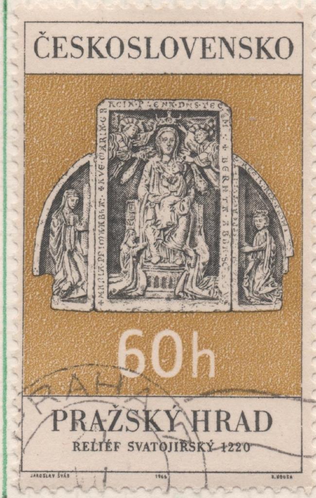 Sello E01339: hoja 85, Checoslovaquia: Sello Dorado y negro, dentado. Monumentos de Praga. Tríptico de Madera, Virgen y Niño (Iglesia de San Jorge), 60 Haleru