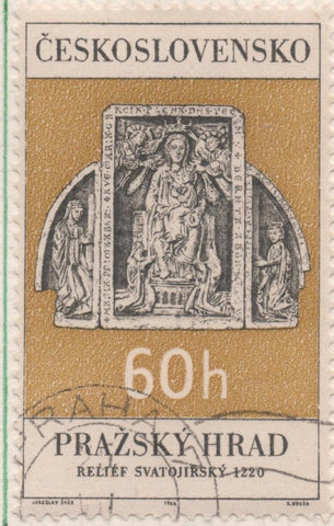 Sello E01339: hoja 85, Checoslovaquia: Sello Dorado y negro, dentado. Monumentos de Praga. Tríptico de Madera, Virgen y Niño (Iglesia de San Jorge), 60 Haleru