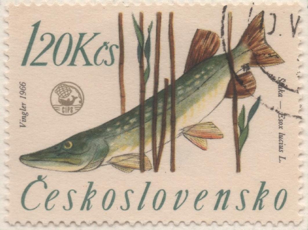 Sello E01334: hoja 85, Checoslovaquia: Sello Multicolor, dentado. Campeonato de Pesca de Rivera. Lucio, 1,20Koruna
